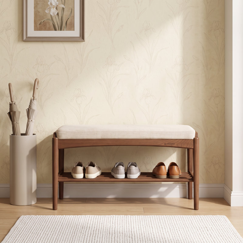 Solid Oak Upholstered Shoe Bench, 23.62", Off-white Linen, Brown Beech