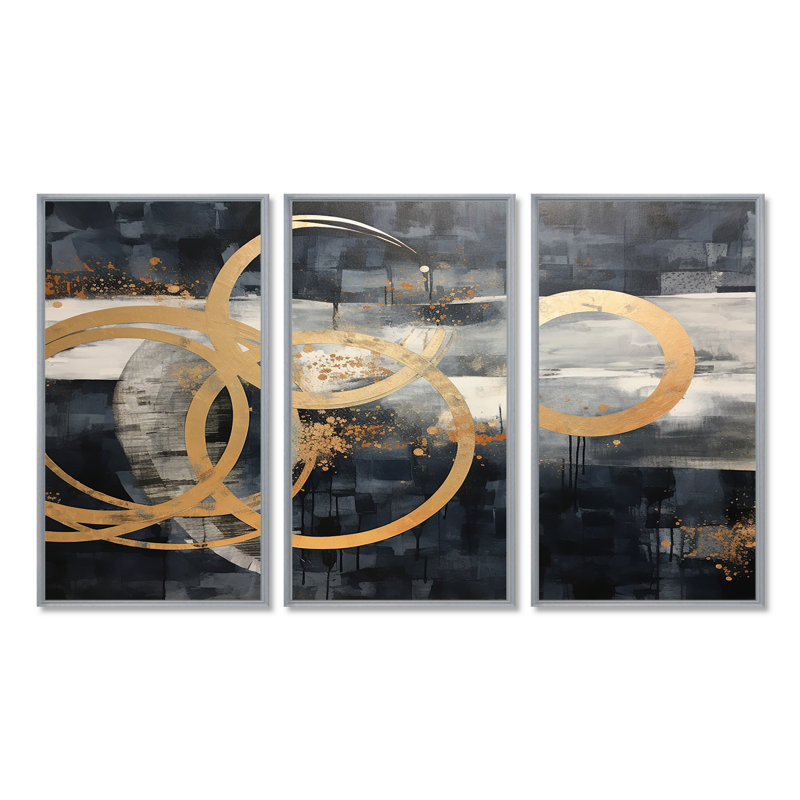 Golden Rings In The Night - ensemble de décorations murales géométriques, Encadrement argenté, H 32 po x l 48 po x P 1 po