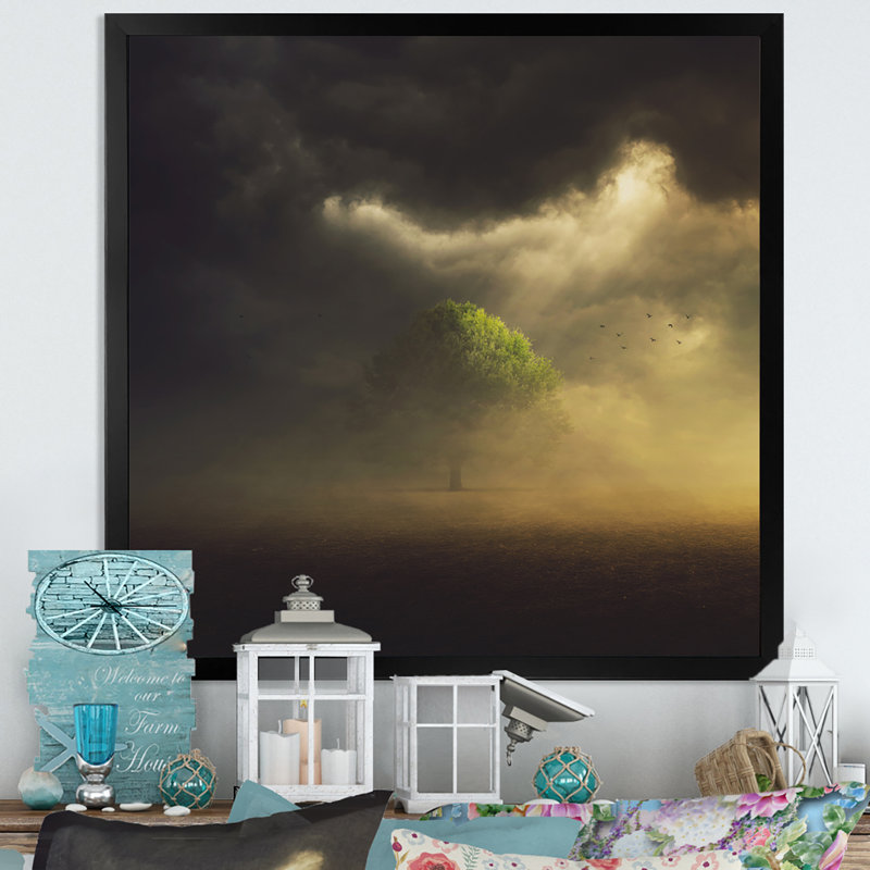 " Single Tree In Field " Painting Print, 16" H x 16" W x 1" D, Black Picture Framed Canvas