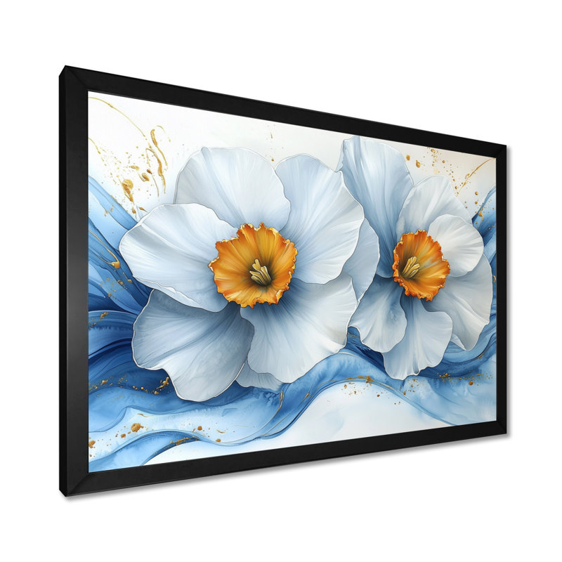 Jaune sur velours bleu jonquilles fleuries - jonquilles murales, H 12 po x l 20 po, Picture Framed, Noir