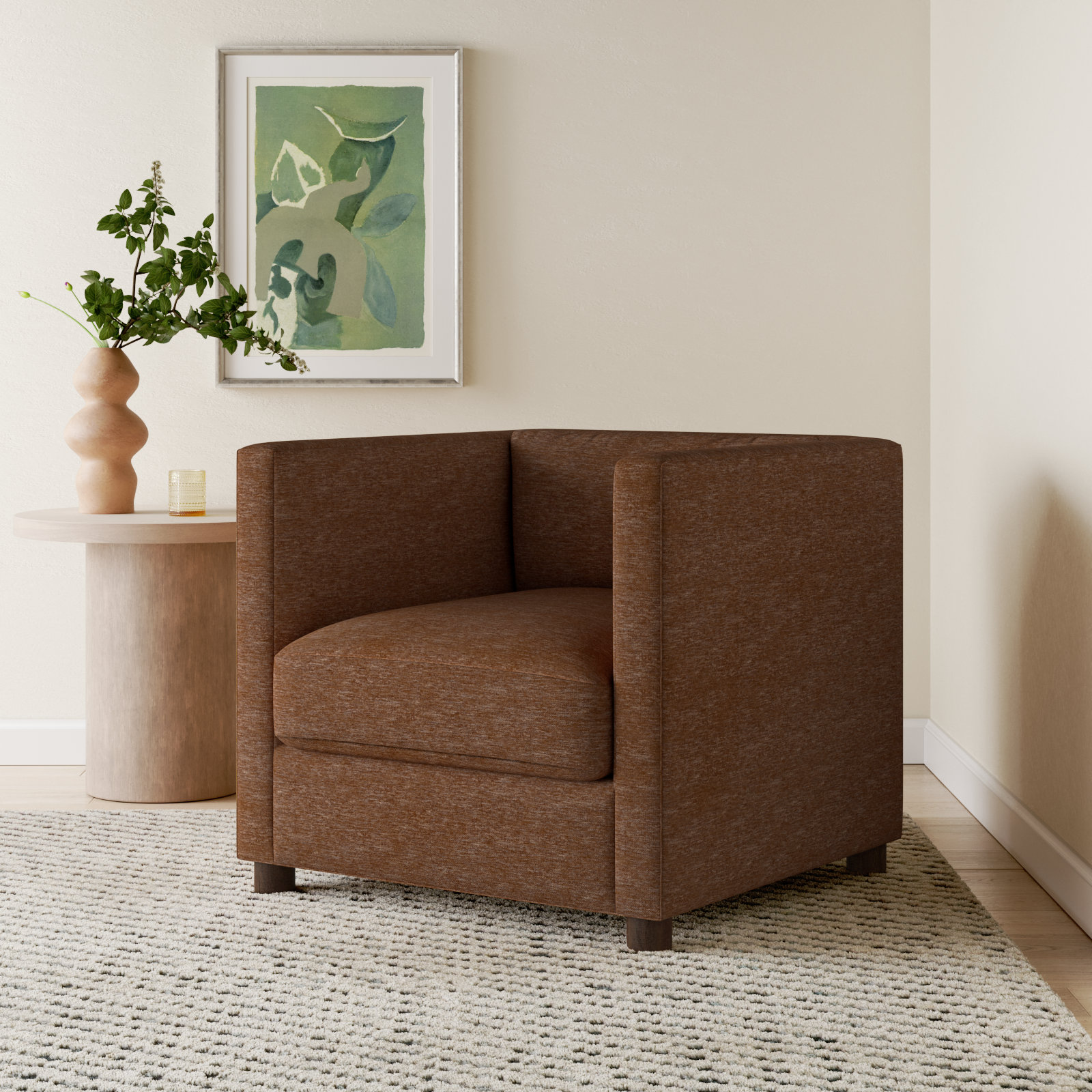 Emilie Upholstered Chair and a Half, Walnut, Nave Bark Performance Distressed Velvet