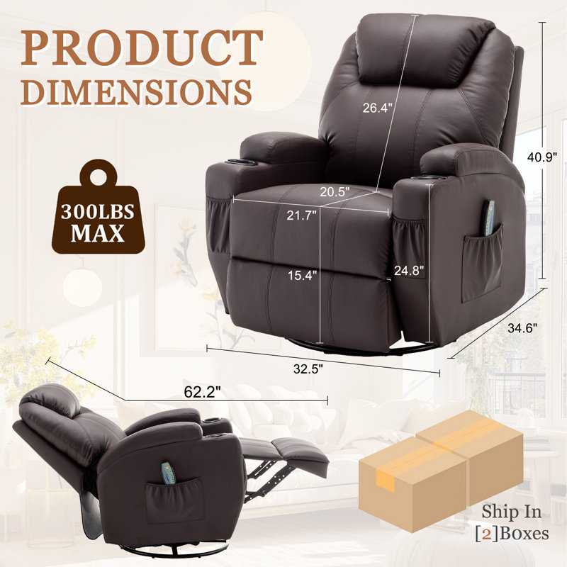 Recliner Chair,Recliner With Heat And Massage, 360°Swivel Recliners, Rocker Recliner With Cup Holders And Side Pockets, Brown
