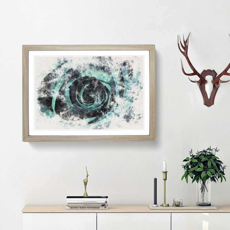 A Teal Rose Watercolour - Picture Frame Graphic Art Print, 45cm H x 63cm W x 2cm D, Oak Framed