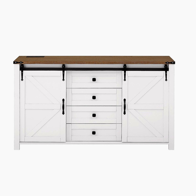 55.1-Inch Sideboard with Storage,Farmhouse Storage Cabinet with Sliding Barn Doors and 4 Drawers, Wood Buffet Table with Power Outlet