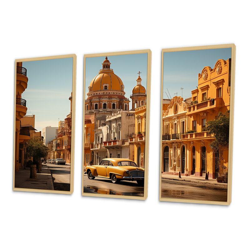 «Yellow Cuba Colonial Architecture I», ensemble d'art sur toile Cuba, H 28 po x l 36 po x P 1 po, Cadre naturel flottant