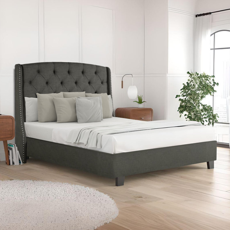 Upholstered Wingback Bed, Gray, Queen