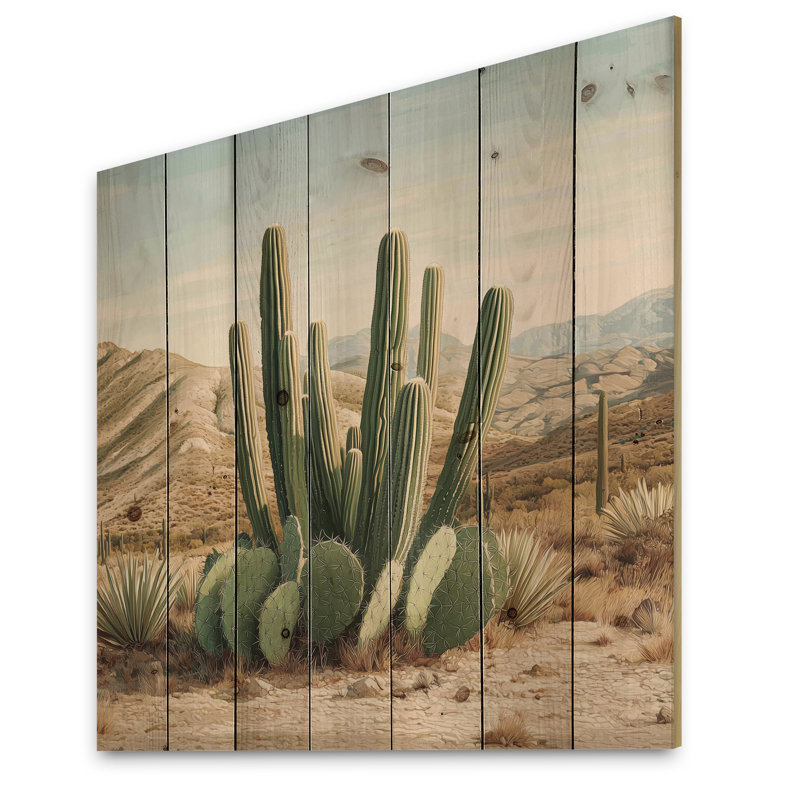 Cactus et le désert Hills III - Décoration murale en bois de cactus floral - sur bois de pin naturel