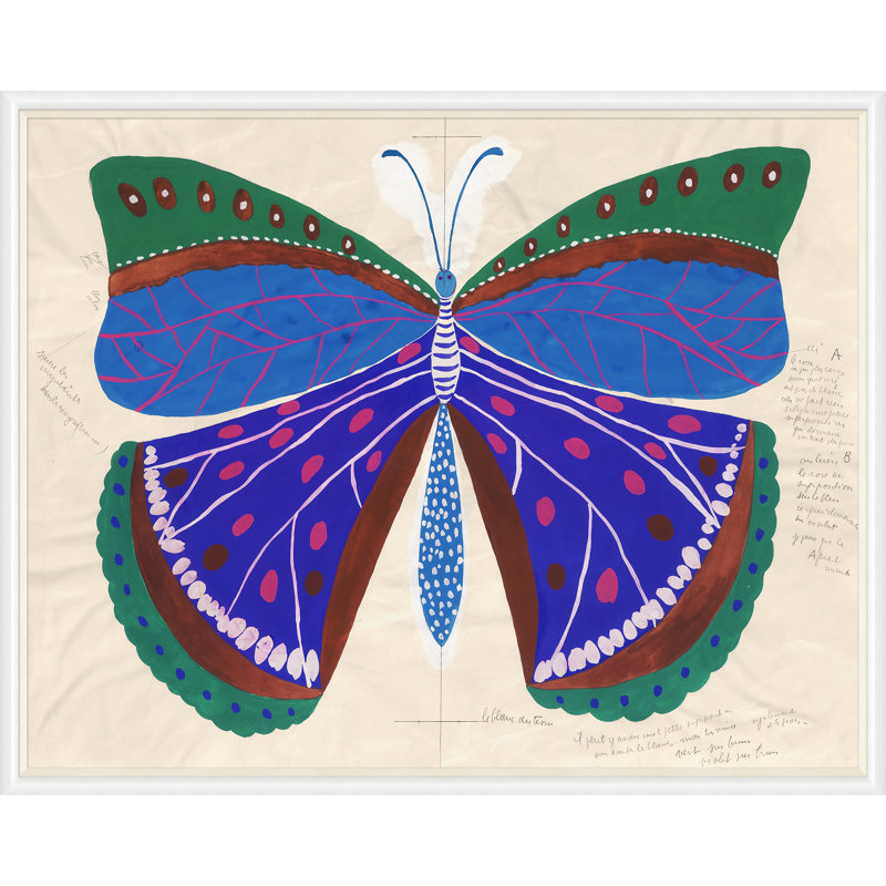 Butterfly Blue Print by Paule Marrot, White Framed, 43" H x 54" W x 1.25" D
