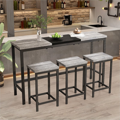 Space-Saving Dining Table Set with Hanging Stools, Grey MDF Top, Matte Black Metal Frame, 3 Stools, 60-Inch Kitchen Table