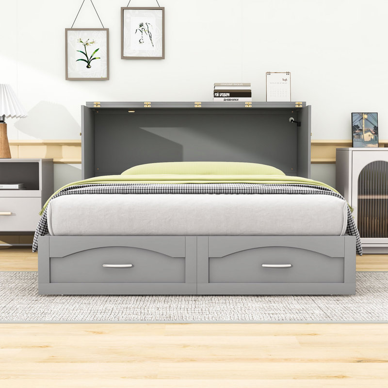 Lit escamotable mural 2 tiroirs avec prises de courant, poulie et ports USB, Queen, Gris