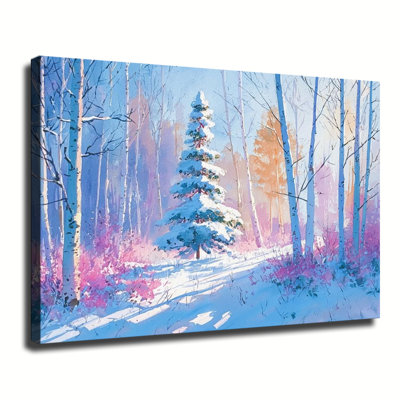 Birch Trees Snowy Winter Woodland Path Scene, Large Gallery Wrapped Canvas Wall Art Print For Living Room Bedroom