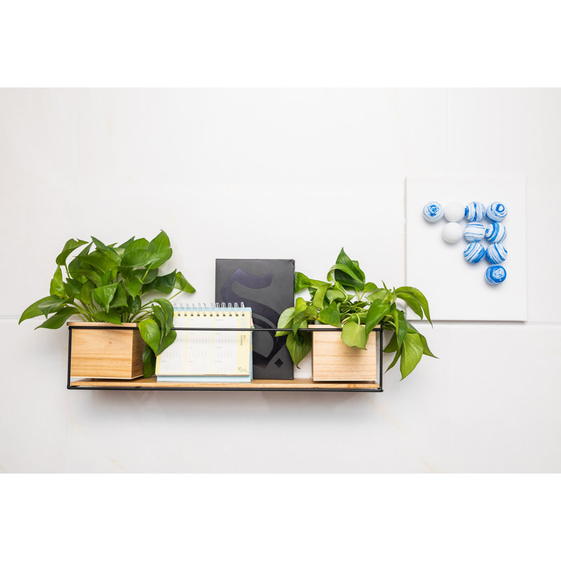 Étagère murale en métal et bois avec 2 jardinières