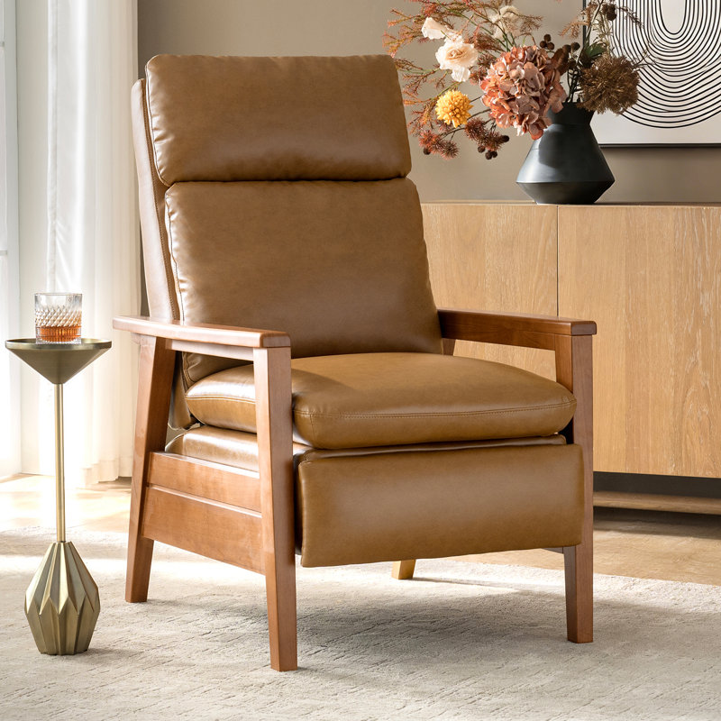 Honorato Mid-Century Modern Vegan Leather Recliner with Solid Wood Frame, Camel Faux Leather