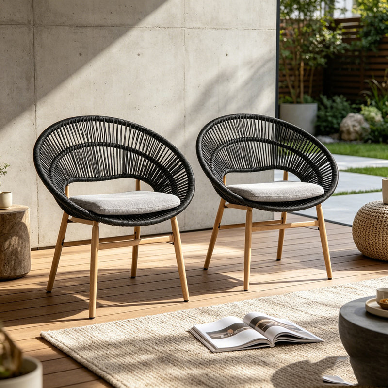 Chaise d'extérieur en osier, Dark Grey,Teak
