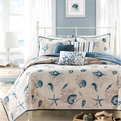 Courtepointe en microfibre bleue avec coquillages et rembourrage assortis, coussins décoratifs double / grand fond foncé