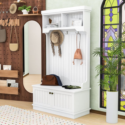 Hall Tree with Storage Shoe Bench, Hooks, Cabinet and Display Shelves