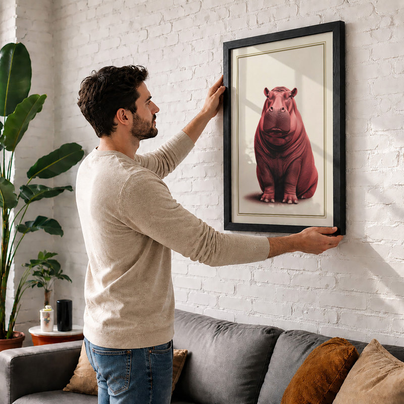 Gentle Hippo Boho - Framed Print, Walnut, A3 - 42.0 x 29.7 cm