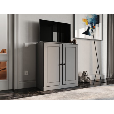 Meuble télé 100% bois massif, console de téléviseur de 32 po de largeur avec portes à panneau surélevé et rangement