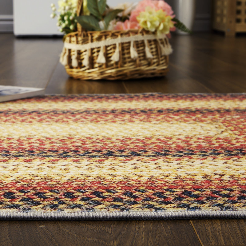 Washable Rug 5x7 Farmhouse Living Room Rug with Non Slip TPR Backing, Rustic Braided Print Carpet, Non Shedding Low Pile Thin Floor Covering, Indoor Foldable Mat for Bedroom, Red
