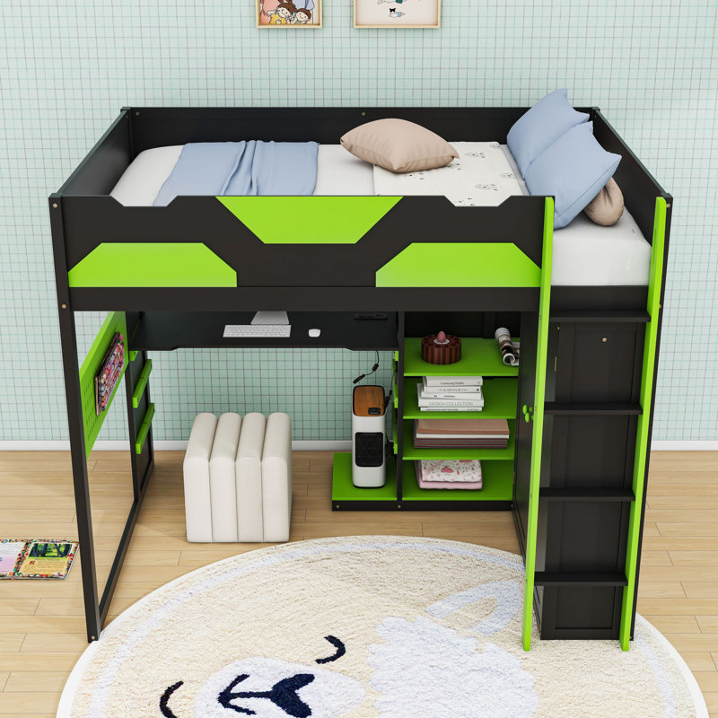 Full Loft Bed with RGB LED, USB Charging, and Adjustable Desk, Green