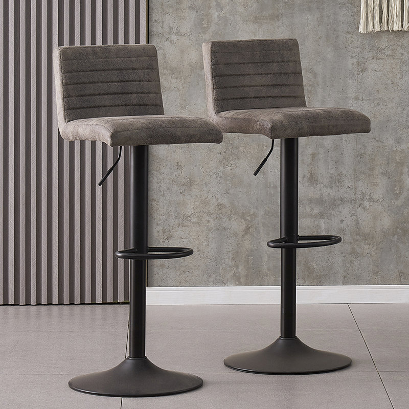 Vintage Suede Swivel Height Adjustable Upholstered Bar Stools Kitchen Barstools, Grey, 2