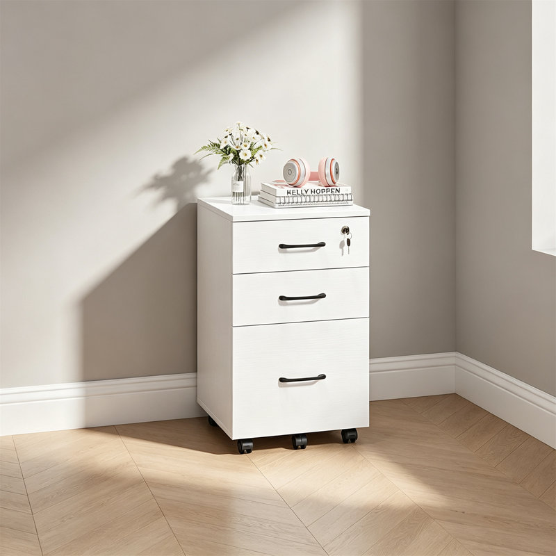 3 Drawer Wooden Mobile File Cabinet, White