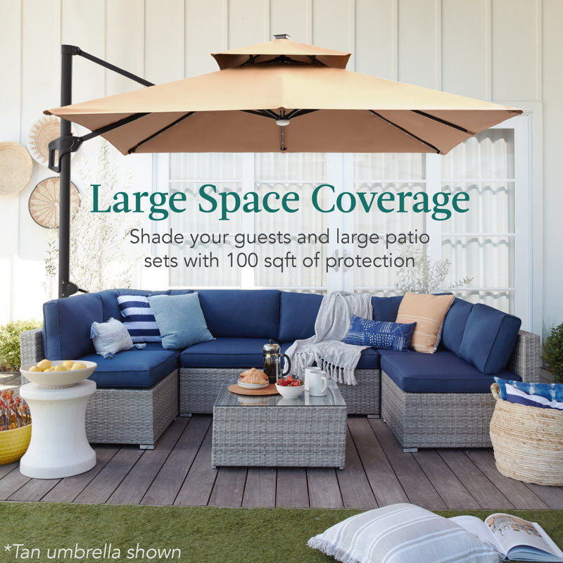 Tan 10x10ft 2-Tier Square Outdoor Solar LED Cantilever Umbrella