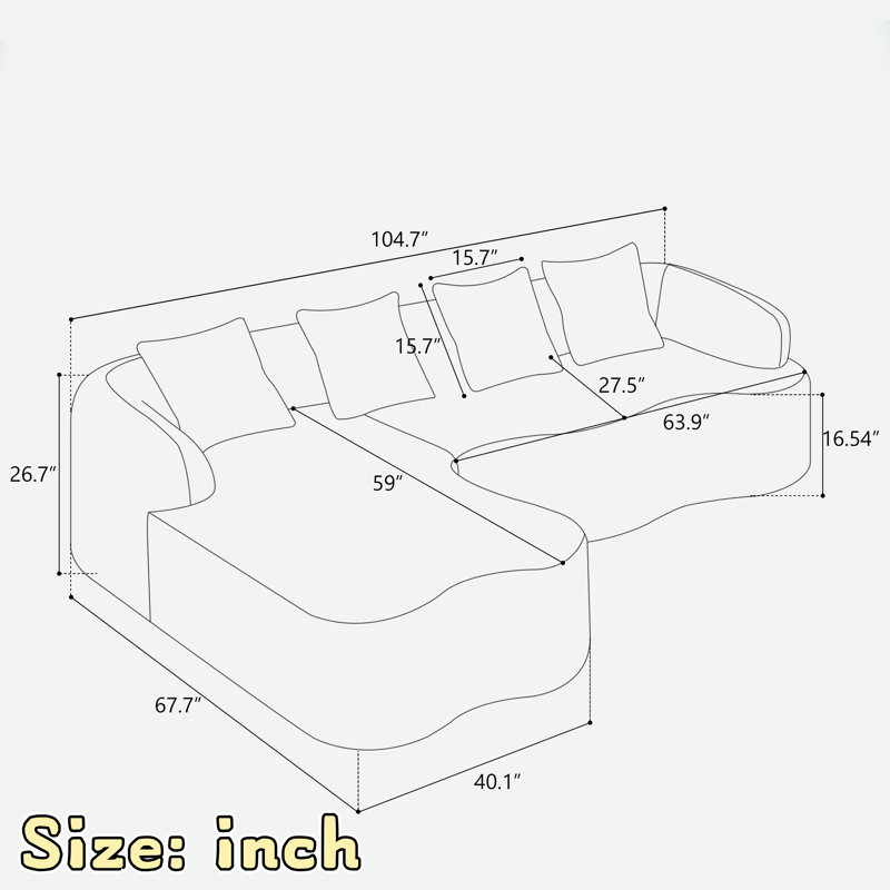 Canapé modulaire en L en chenille à compression complète avec méridienne courbée et coussins, Gris chenille