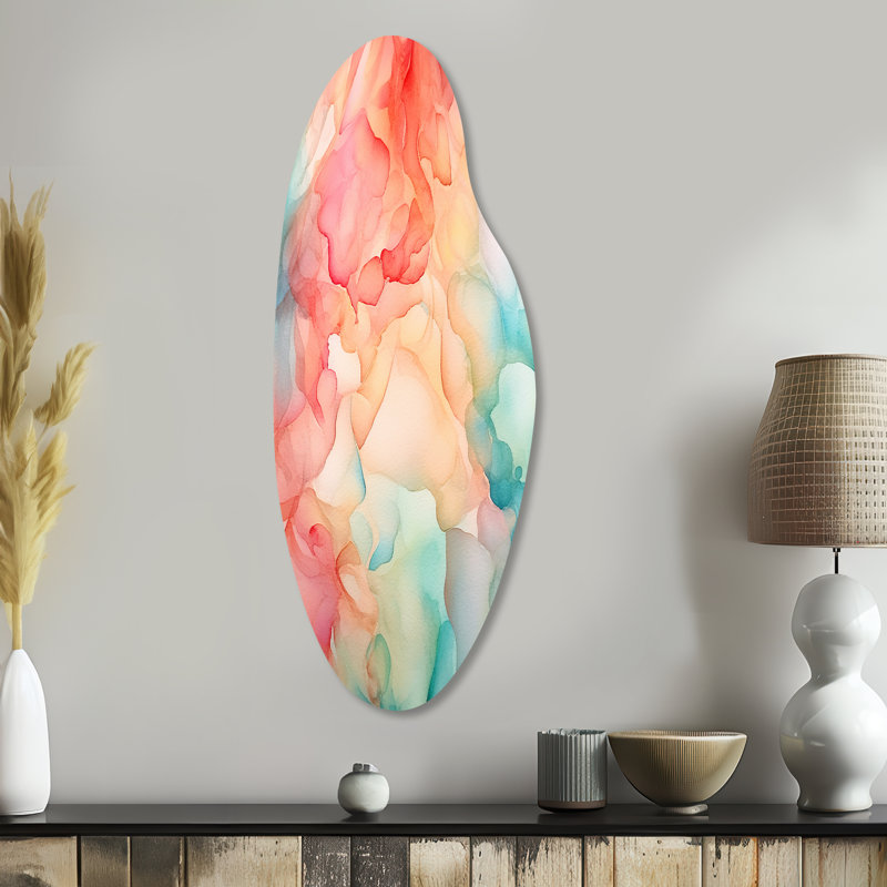 «Orange and Teal Enchanted Spills» - décoration murale asymétrique abstraite en métal, impression d'art en métal incurvé orange