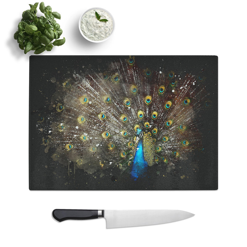 Tempered Glass Peacock with Outstretched Feathers Chopping Board, 20 cm x 28.5 cm