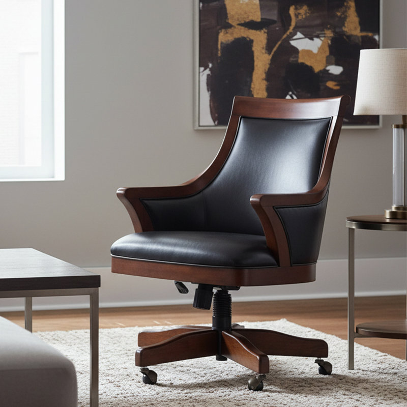 Bonavista Swivel Club Chair, Distressed Hardwood Frame with Faux Leather Upholstery, Adjustable Height and Tilt, Ball Casters