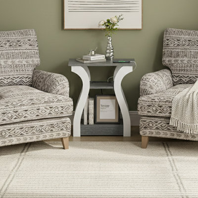 Grey 3-Tier End Table, Charging Station, 22" W, 3 Shelves