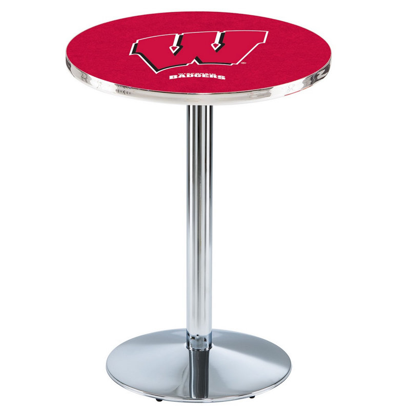 Round Metal Base Dining Table, Chrome, University of Wisconsin - Badger Logo