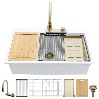 White Quartz Composite Drop In Sink - 33x22", Single Bowl Workstation With Waterfall And Pull-out Faucet & Multiple Accessories 33"x22" Kitchen Feature For Assorted Accessory Combos