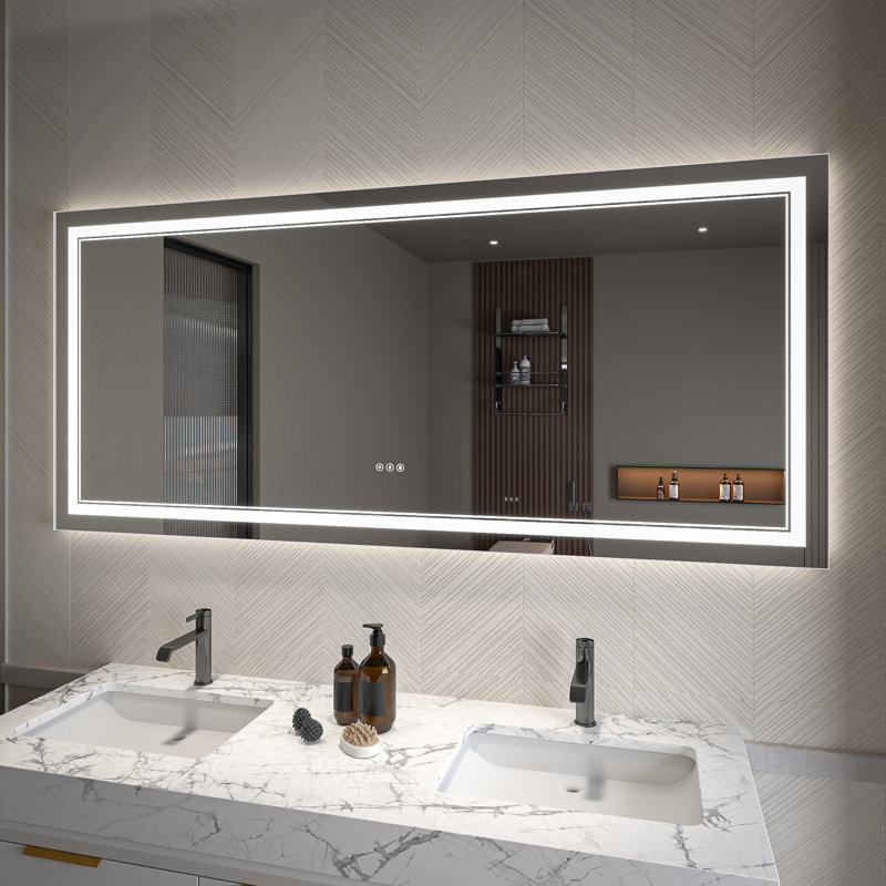 Miroir de salle de bain à DEL avec éclairage de façade en verre trempé anti-buée, 32 po x 72 po