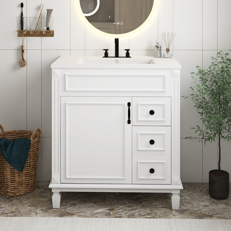 Meuble-lavabo blanc avec lavabo en céramique 30 po, armoire moderne avec 2 tiroirs et tablette réglable, Blanc