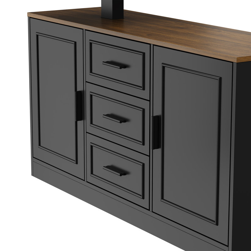 Bureau assis-debout en L noir/noyer de 140 cm (55 po) de large avec armoire de rangement et réglage en hauteur.
