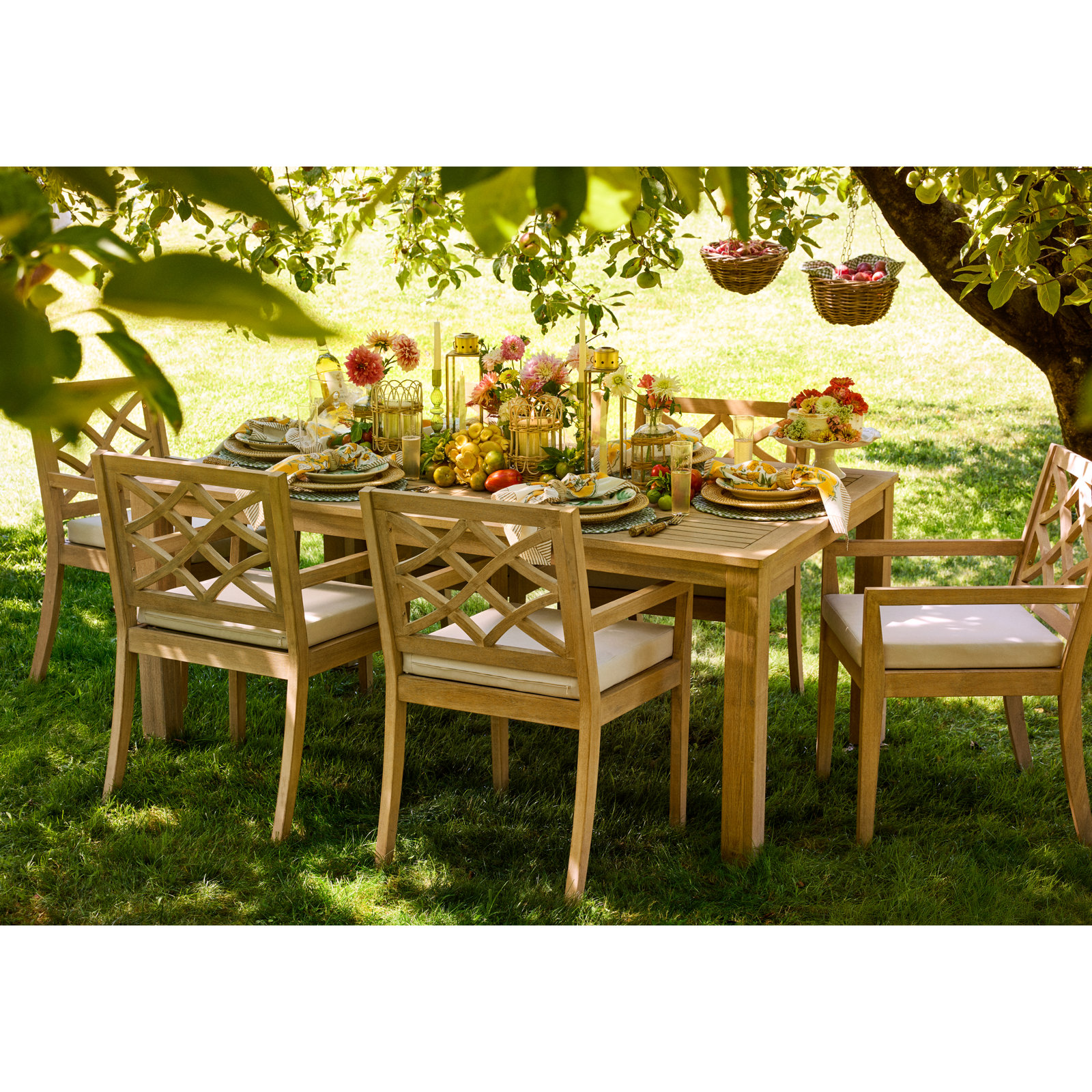 Morell 39" Eucalyptus Patio Dining Set, Cream Cushion/Tan Frame