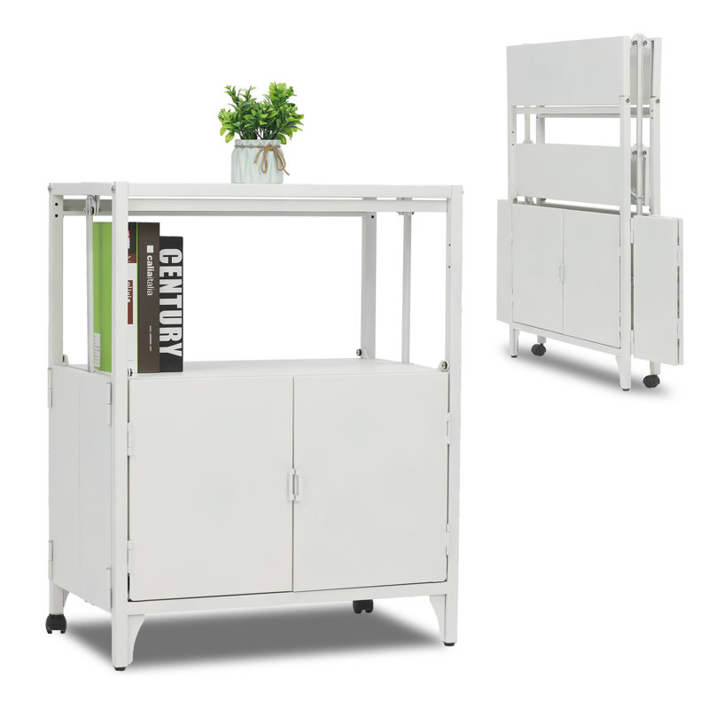 Accent 23.6’’ Wide  Foldable Metal Double Layer Cabinet with  Wheels Easy Assemble end table, White
