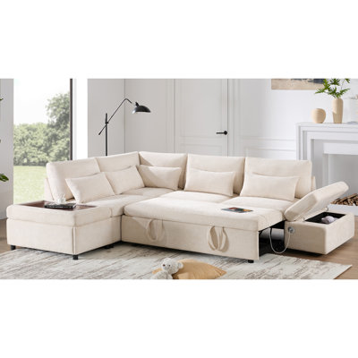 [VIDÉO] Canapé-lit modulaire de 107 po avec canapé-lit, en forme de L avec accoudoirs réglables, charge USB et de type C, repose-pieds avec rangement à mouvement libre, combinaison libre pour le salon et l’appartement, chenille