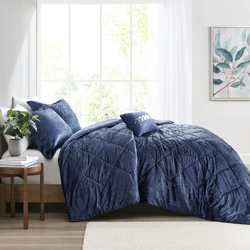 Literie en velours bleu marine pour lit simple/simple XL, lavable à la machine, couette et oreiller à motifs de losanges, housse lavable