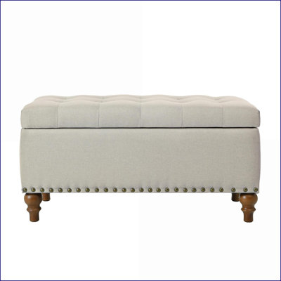 Ottoman Storage Bench with Linen Fabric, Solid Wood Feet &amp; Rivet Trim – Beige for Home | Wood | Tan Brown