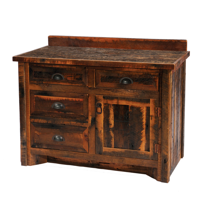 Meuble-lavabo Fireside Lodge, Pieds en bois de grange, Centre, Avec surface stratifiée