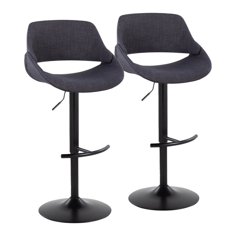 Najrin Adjustable Upholstered Bar Stool with Rounded T Footrest (Set of 2), Charcoal Fabric/Black Frame