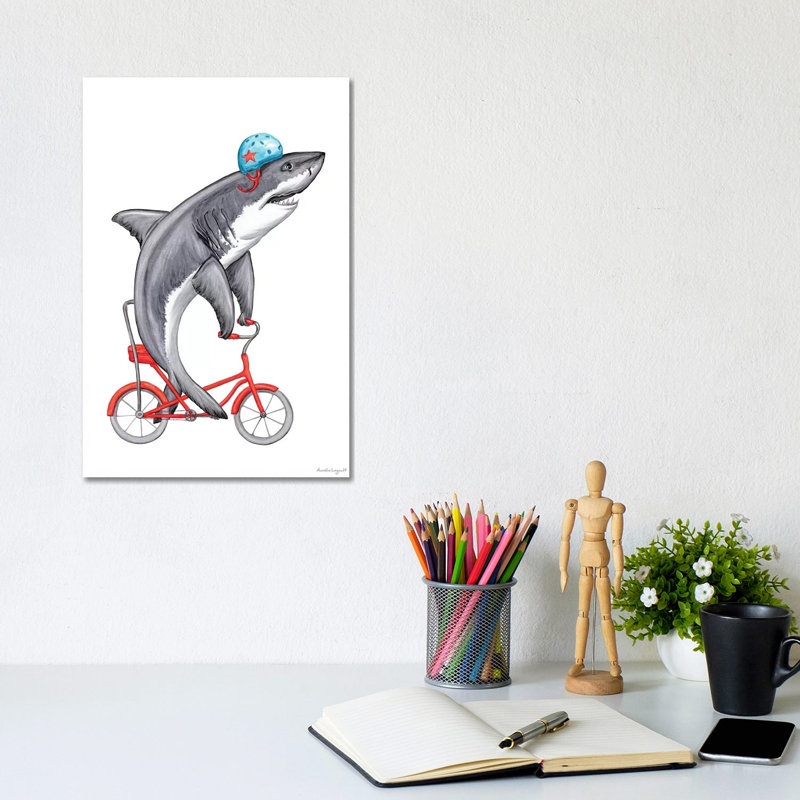 Shark On Bike by Amélie Legault - Painting on Canvas, 30.48cm H x 20.32cm W x 1.91cm D, Wrapped Canvas