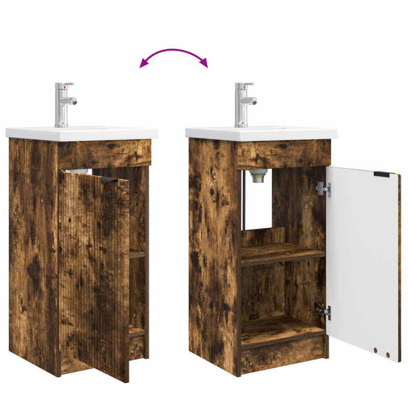 Single Bathroom Vanity with Ceramic Basin, Smoked Oak
