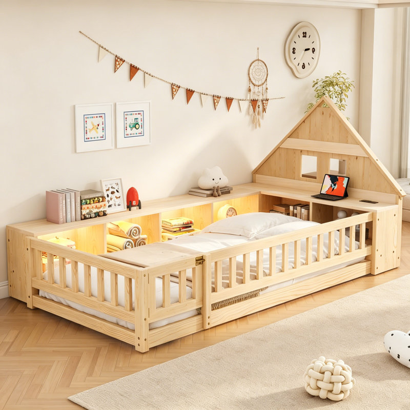 Lit simple au sol en bois avec garde-corps, tête de lit en forme de maison, armoires de rangement, DEL, port USB et prises de courant, naturel