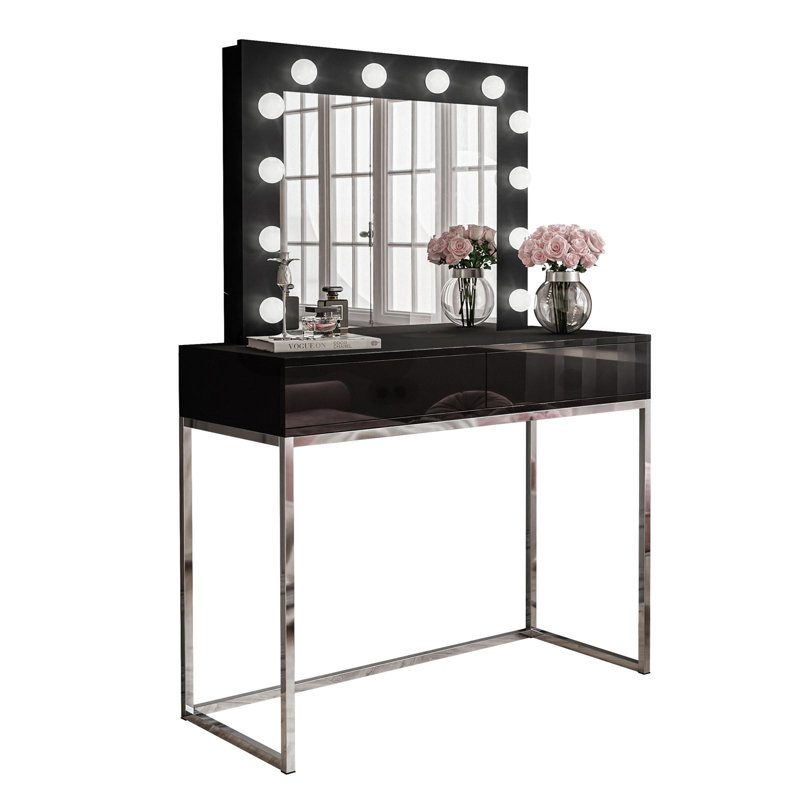 Antoniya Dressing Table with Mirror, Chrome/High Gloss Black