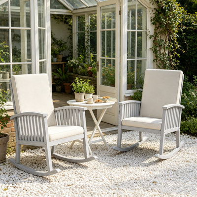 Ensemble de 2 chaises berçantes d'extérieur Casa Acacia avec assise et dossier rembourrés, chaises berçantes en bois massif pour porche, jardin et cour