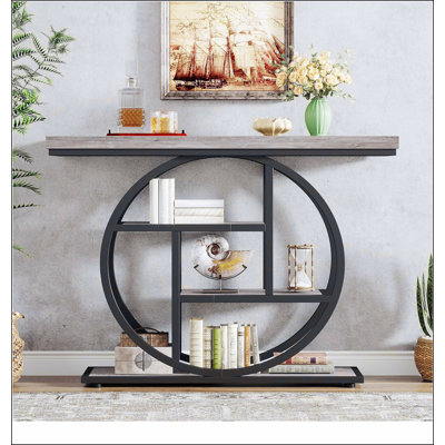41.3" Industrial Console Table, 4-Tier Grey Sofa Table with Unique Circle Metal Frame & Storage Shelves, Narrow Entryway Accent Table for Living Room